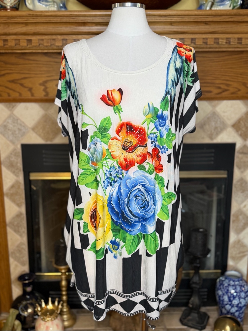 Gabriel Ye Women's Floral Stripe Tunic Top - Floral Multicolor Women’s M/L - Picture 2 of 13